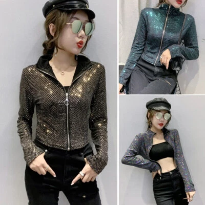Women Shiny Sequins Jacket Long Sleeve Zip Cardigan Short Coat Party Outfit - Image 1 of 4