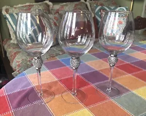 Set Of 3 Pier One Elegant Rhinestone Silver Banded Ball Bling Goblet Wine Glass - Picture 1 of 10