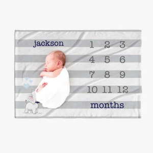 30 x 40 Manta Personalizada a Rayas Bebé Niño Hito | Meses | Nombre | Azul - Imagen 1 de 4