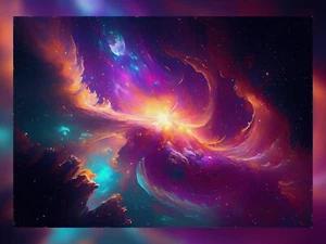 Mesmerizing 7"x5" Oil Painting Print, Pink-Purple-Blue-Yellow Nebula, Cosmic Art - Picture 1 of 7