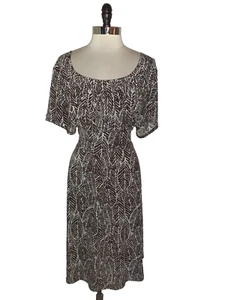 CONNECTED Plus Sz 24W A-Line Dress Brown White Leaves Short Sleeve Stretch Knit - Picture 1 of 7