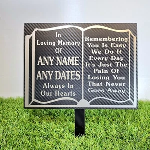 Prayer Book Memorial Plaque Grave Marker Tribute Silver Text Any Name and Dates - Picture 1 of 12