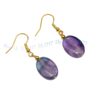 Natual Multicolor Fluorite Flat Oval Gems Beads Dangle Gold Hook Earring 13x18mm - Picture 1 of 6