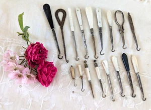 Collection of 18 Antique/Vintage Button & Glove Hooks Mother of pearl Bone Gold - Picture 1 of 12