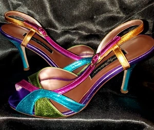 "Priscilla" Beverly Feldman Bright Metallic Rainbow Slingback Heels 6.5M 6 1/2 - Picture 1 of 12