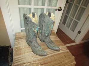 Corral Fleur De Lis Boots R2337 Gray Distressed Turquoise Womens Boots Size 11 M - Picture 1 of 14