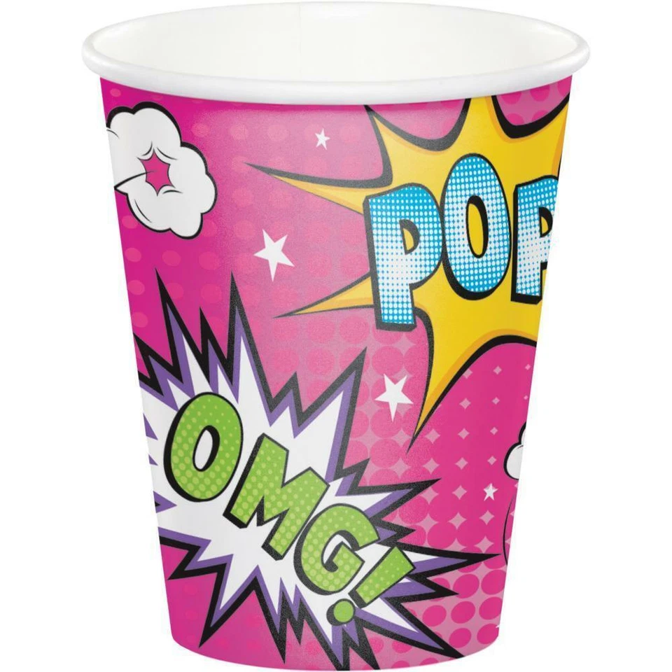 Superhero Girl Party Supplies Cups 8 Pack Happy Birthday Pink Tableware OMG Pop - Image 1 of 1