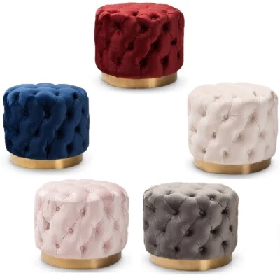 Round Velvet Ottoman Button Tufted Brushed Stainless Gold Base – 5 Color Options - Image 1 of 4