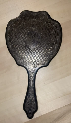 Vintage Antique Silver Plate Hand Mirror With Monogram Cover