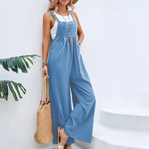 Women's Linen Casual Sleeveless Jumpsuit Overall Baggy Palazzo Pant with Pockets - Picture 1 of 19
