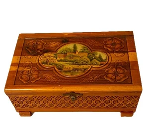 Vintage 1940s Handcrafted Art Wood Keepsake Trinket Jewelry Box 10.5x6.5 Inch - Picture 1 of 13