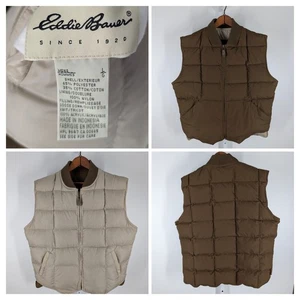 Vtg 90s Eddie Bauer Goose Down Vest Reversible Brown Tan Knit Collar Gorpcore L - Picture 1 of 6
