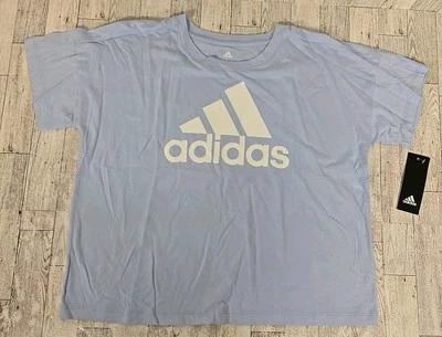Adidas Shirt LARGE (14) Girls Boxy Cut Short Sleeve Purple Logo Spellout NEW - Image 1 of 4