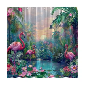 Tropical Rainforest Shower Curtain Pink Flamingo Green Plant Pink Flower Colo... - Picture 1 of 3