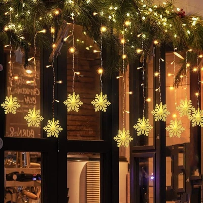 LED Snowflake Curtain Lights Plug in String Fairy Christmas Window Lights Party - Image 1 of 4