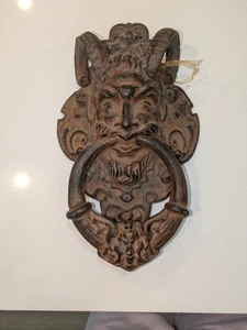 Antique Ram Horn Satyr Face Door Knocker - Picture 1 of 8