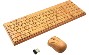 Handcrafted Natural Bamboo Wooden PC Wireless 2.4GHz Keyboard and Mouse Combo - Picture 1 of 2