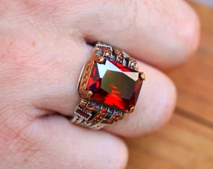 Sterling Silver 925 Lab Created Ruby Statement Mens Ring - Picture 1 of 8