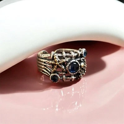 Anello Argento 925 Regolabile con topazio blu e Stella Marina dorata - Immagine 1 di 3