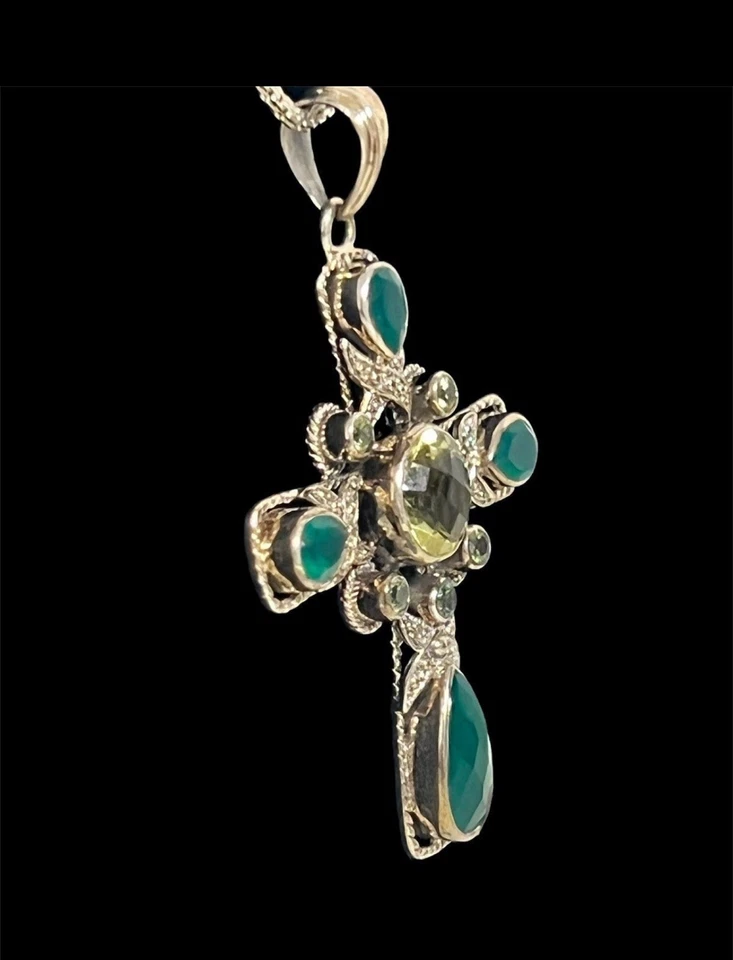 Nicky Butler Sterling Silver 925 Cross Pendant NB Green Chalcedony Peridot Topaz - Image 1 of 4