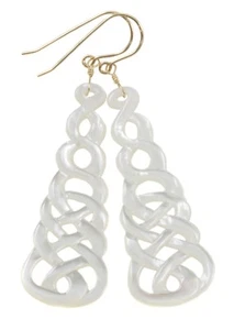 Mother of Pearl Earrings White Celtic Infinity Lg Drop 2.5 14k Gold Sterling MOP - Picture 1 of 12