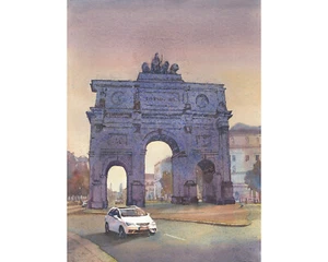 Watercolor painting Munich Germany sunset landscape cityscape home decor (print) - Picture 1 of 12
