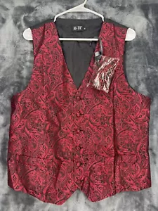 Hi-Tie Men's Formal Waistcoat Medium Red Paisley Vest Tie Hanky Cufflinks Party - Picture 1 of 6