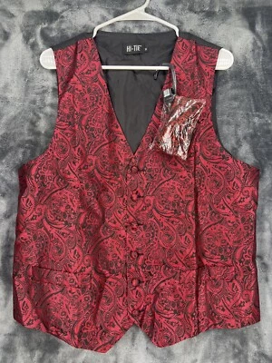 Formal Waistcoat Hi-Tie Men's Medium Red Paisley Vest Tie Hanky Cufflinks Party - Image 1 of 4