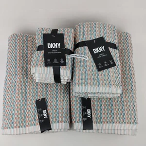 8 Set DKNY Gray Blue White Coral Striped Towels 2 Bath & 2 Hand & 4 Face Cloths - Picture 1 of 14