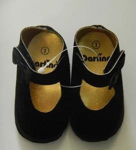 Darling Baby Shoes Black Velvet w/ Hook & Loop Closure & Satin Bow Infant Size 1 - Picture 1 of 4