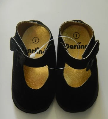 Zapatos de bebé Darling terciopelo negro con cierre de gancho y bucle y lazo de satén infantil talla 1 Foto 1 de 4
