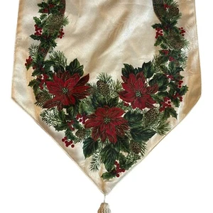 Christmas Table Runner St Nicholas Square Holiday Tassels Poinsettia Holly 14x69 - Picture 1 of 7