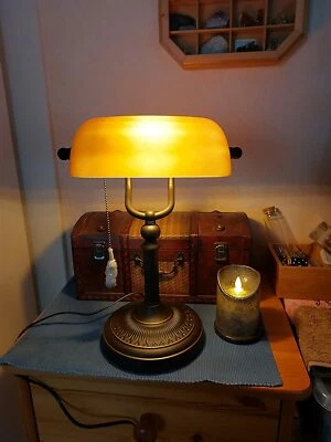 Matte Amber Glass Shade Banker Desk Lamp Table Lamp Pull Chain Switch EU Plug - image 1 of 4