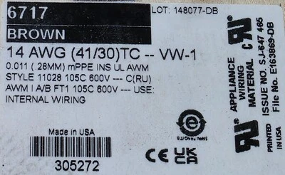 Alpha провод 6717 #14awg 41x30T EcoWire mPPE подключить/провод 600V коричневый /25 футов - Изображение 1 из 4