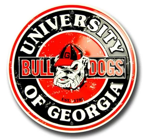 GEORGIA BULLDOGS 12" LETRERO REDONDO DE METAL RETRO HOMBRE CUEVA DEPORTES SALA DE JUEGOS UNIVERSIDAD - Imagen 1 de 1