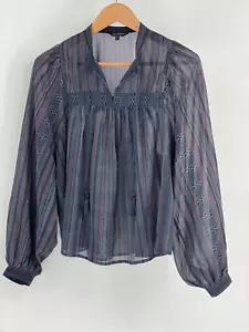 Lucky Brand Top Women Size Medium Blue Sheer Balloon Sleeve Stripe Peasant - Picture 1 of 13