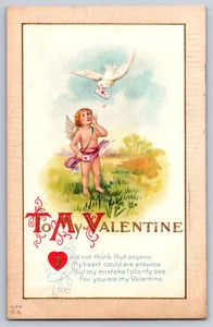 A474 Vintage Valentinstag geprägte Postkarte Flügel Taube fliegen Valentinstag nicht verschickt - Bild 1 von 2
