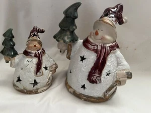 PR Ceramic Candle Holder Snowman Holding a Christmas Tree Cheerful Colorful - Picture 1 of 9
