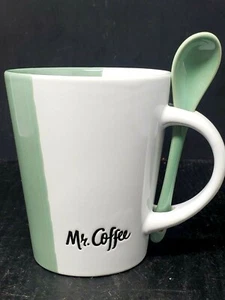 Mr Coffee Ceramic Coffee Cup Coffee Break 12 oz Mug With Spoon Green & White - Picture 1 of 9