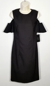 Zara Women Sz Large Black Sheath Dress Cold Shoulder Flutter Sleeve Knee Length - Picture 1 of 10