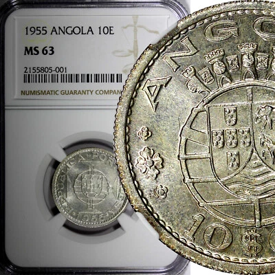 ANGOLA Portuguese Colony Silver 1955 10 Escudos NGC MS63 KM# 73 (001) - Image 1 of 4