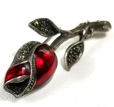 Broche vintage prata esterlina marcasita rosa vermelha - Imagem 1 de 4