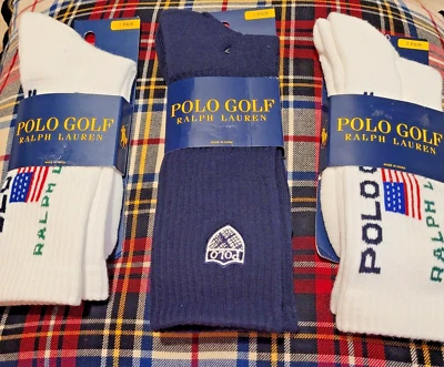 Calcetines Polo Ralph Lauren Golf Crew 10-13 Blanco Verde Bandera EE. UU. Escudo Negro Foto 1 de 4
