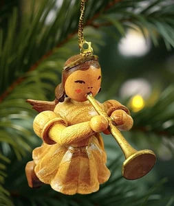 Vintage Erzgebirge Germany Wooden Angel Playing Horn Christmas Ornament - Picture 1 of 7