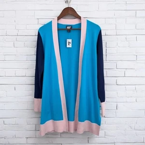 Lands End Open Front Cardigan Colorblock Blue Pink Navy Pocket Women’s M Cotton - Picture 1 of 13