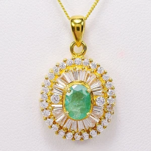 925 STERLING SILVER PENDANT NATURAL GREEN EMERALD OVAL & WHITE CZ GEMSTONE - Picture 1 of 10
