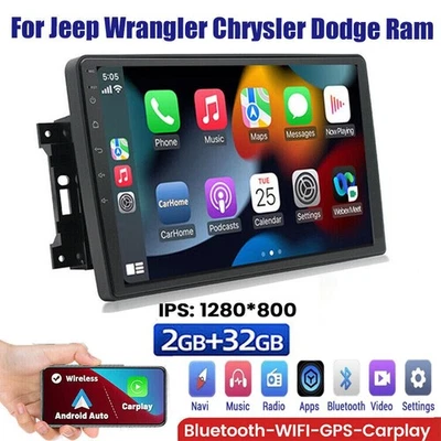 安卓 13 Carplay GPS Navi 汽车收音机 适用于吉普牧马人克莱斯勒道奇 Ram — 第 1/4 张图片