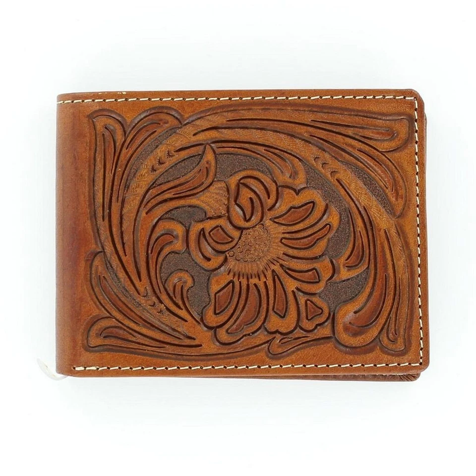 Nocona Tan Leather Floral Tool Bifold Wallet OS