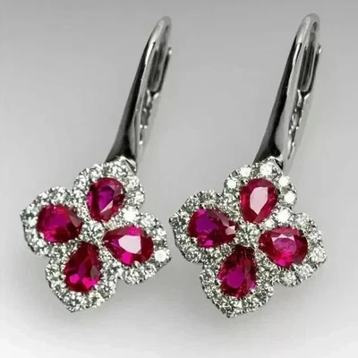 Lab-Created Pink Ruby 3Ct Pear Cut Drop Dangle Earrings 14k White Gold Plated - Image 1 of 4