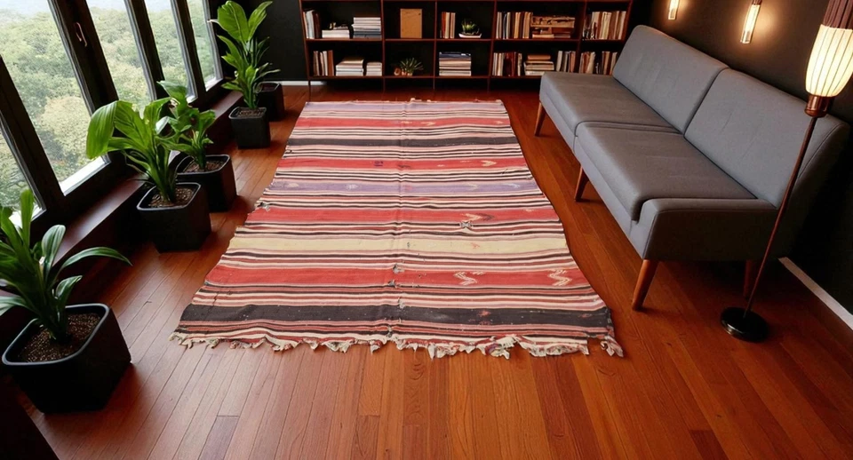 Alfombra antigua del siglo XIX, kilim a rayas, alfombra oriental, alfombra de área 5x8, alfombra tribal 5x8 Foto 1 de 4